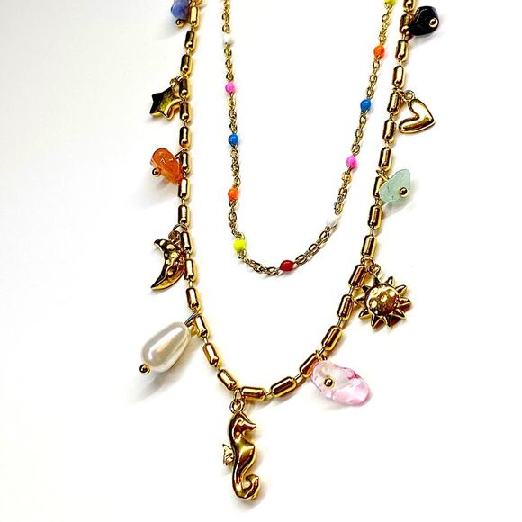 NEW Gold Sea Glass & Enamel Charm Double Strand Necklace - Picture 9 of 10